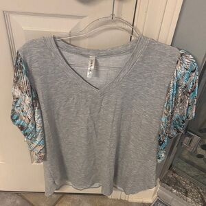 Emerald Gray V-Neck Top with Blue Patterned Sleeves